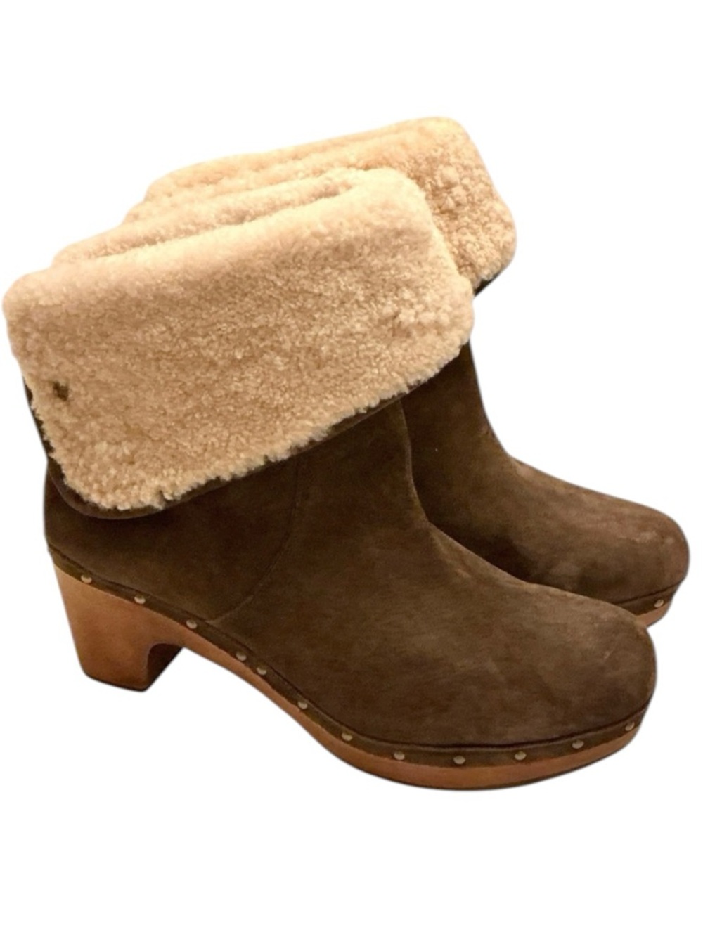 UGG Lynnea Brown Suede Shearling Clog Ankle Boots Size 11